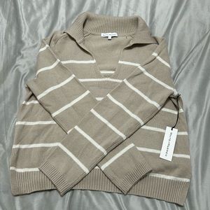 White + Warren Striped Collar Wool Sweater